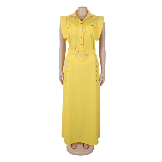 Women's Casual Solid Color Sleeveless Button Front Shirt Blouse and High Waist Big Swing Skirt 2pcs Set