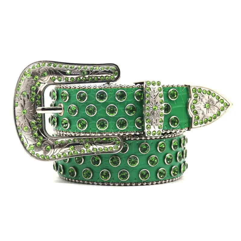 men & women fashion hip hop rock diamond studded belts soft leather rhinestone belt women designer waistband green pin buckle strapon