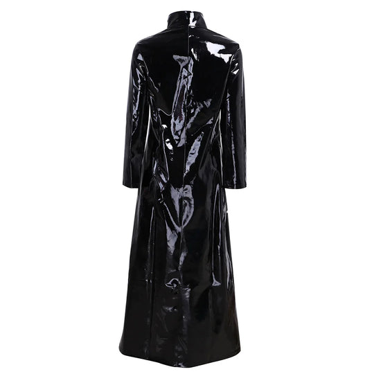 Wet Look PVC High Split Long Dress Shiny PU Leather Windbreaker Outwear Vestido Tights Performance Dresses Robe Faldas Jackets
