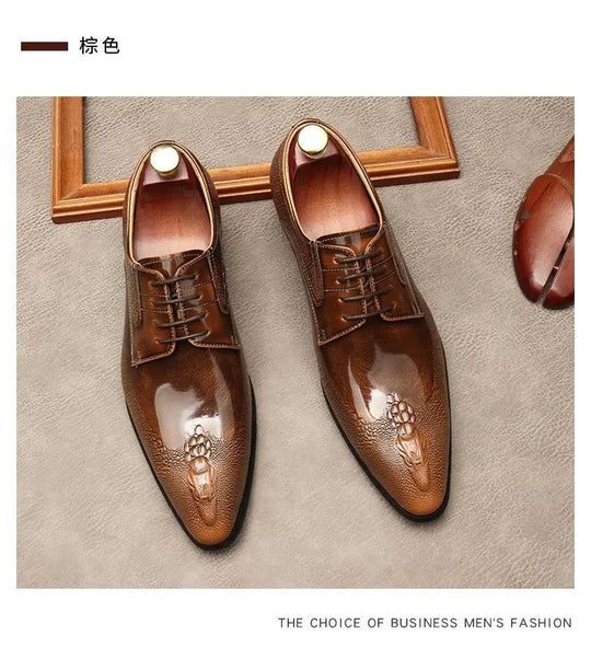 Men's Trendy Genuine Leather British-style Pointed Toe Dress Shoes, Lace-Up Business Formal Oxfords Shoes