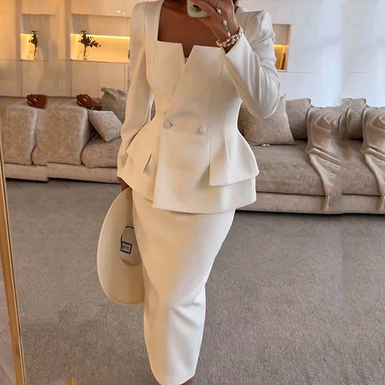 2024 Elegant Square Collar Long Sleeve Blazer&Long Skirts Suit Women