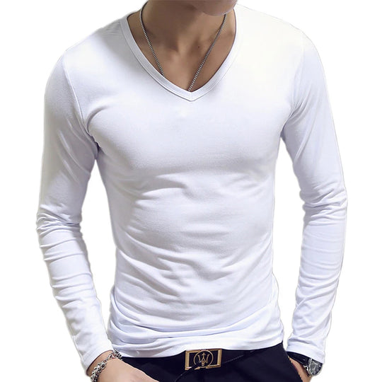 White Solid Color Basic Slim Men T-shirt Spring Autumn Bottoming Shirt