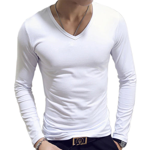 White Solid Color Basic Slim Men T-shirt Spring Autumn Bottoming Shirt