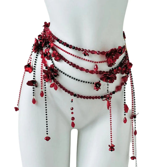 Designer Red belt Jewelry Multilayer Pearl waist chain for Women's Fashion Retro Character Playing Body Accessories Party Belts