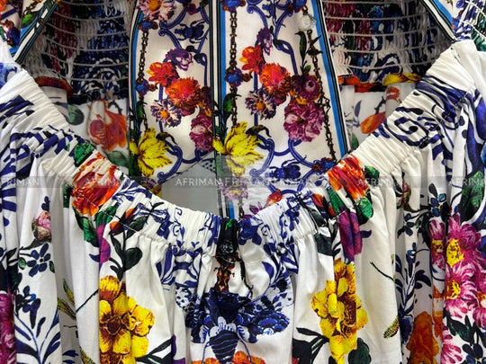 Women V Neck Crystal Beaded Flying Sleeve Retro Flower Print Elastic.