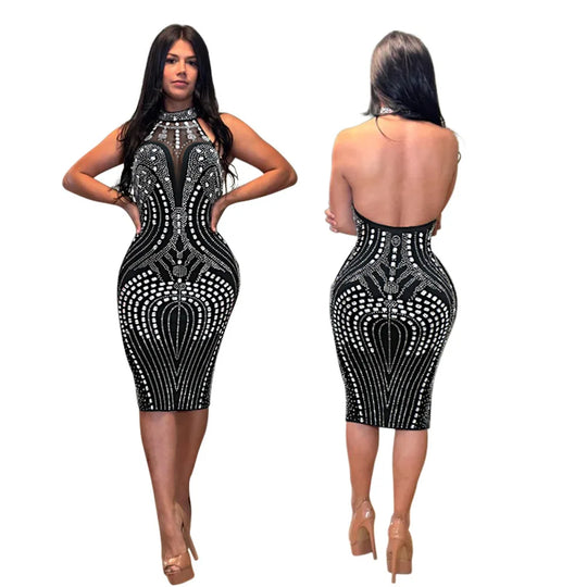 Backless Dress Sexy Wrap Buttocks Vestidos Women Party Dresses Sheath Slim Fit Spliced Summer Diamonds Knee Length