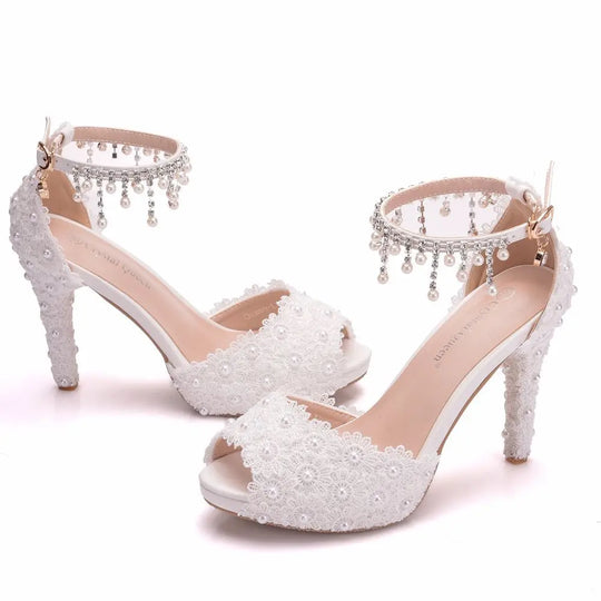 Women High Heel Shoes for Female Pointed Fashion Sandals Lace Pearl Platform PU 10CM Thin Heels Peep Toe Dress Woman Shoes