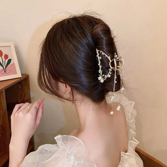 Imitation Pearl Flower Decor Charm Hair Claws For Women Girls Large