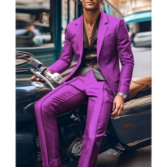 Casual Men's Blazer and Pants 2 Piece Set Lapel Long Sleeve PU Leather Jacket Men Business Casual Prom Suit Motorcycle Style