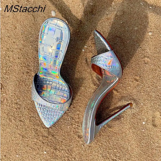 Very High Heel Shoes For Women Slippers Summer Peep Toe Stiletto Sandals Laser Dazzling Color Sandals Star Style Women Shoes New