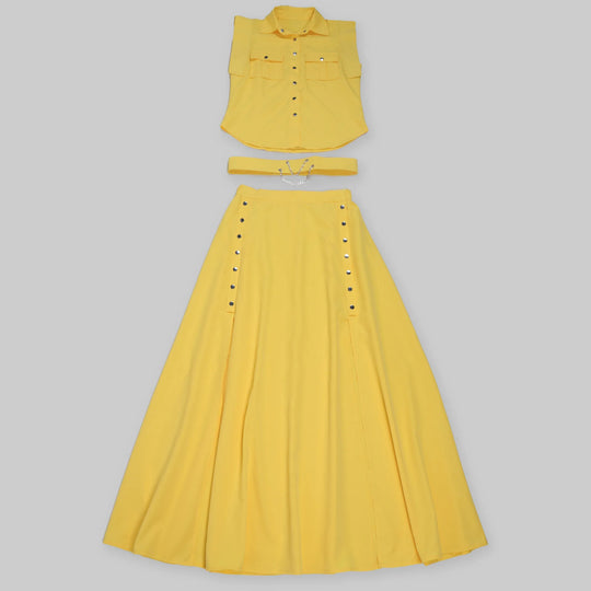 Women's Casual Solid Color Sleeveless Button Front Shirt Blouse and High Waist Big Swing Skirt 2pcs Set