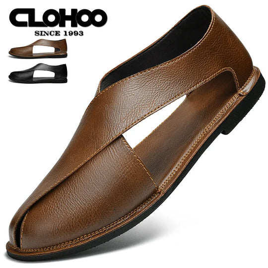 CLOHOO Men Sandals Summer Genuine Leather High Quality Roman Shoes Breathable Casual Non-Slip Male Slippers Free Shiping Shoes