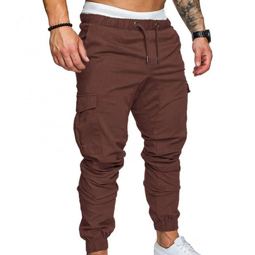 Men Skinny Cargo Pants Solid Color Pockets Drawstring Ankle Tied