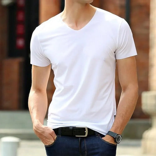 Summer Short Sleeve Men's Ice Silk Trackless T-shirts V-neck Slim Fit