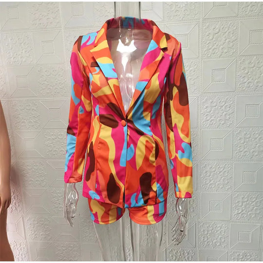 Fashion Turn-down Collar Printed Top Pants Set Women Elegant Full Sleeve Top Short Pants Suit Lady Summer Chic Casual Sets