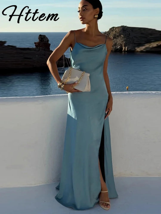 Elegant Split Women' s Dresses Solid Square Collar Backless Sleeveless Long Dress Female 2025 Summer Party Evening Robes