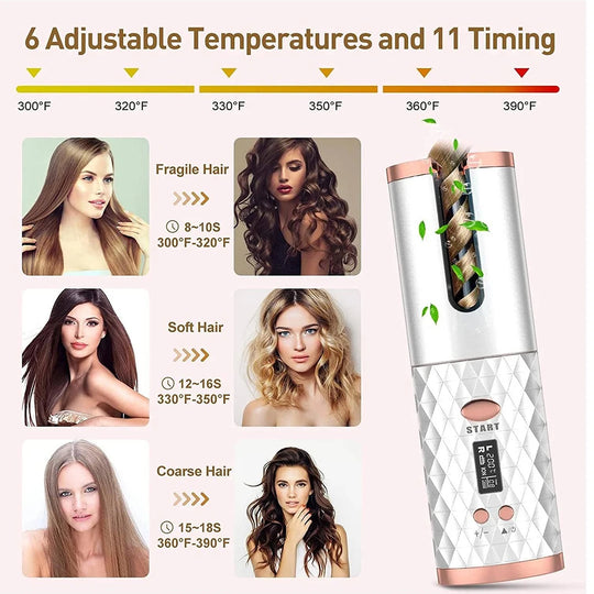 Automatic Rotation Iron, Cordless Iron, 6 Temperature Modes LCD Display Cordless Automatic Hair Roller for wavy hair