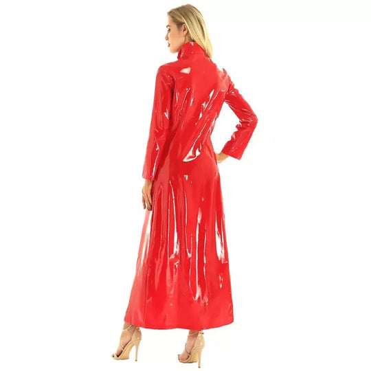 Wet Look PVC High Split Long Dress Shiny PU Leather Windbreaker Outwear Vestido Tights Performance Dresses Robe Faldas Jackets