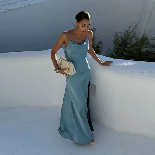 Elegant Split Women' s Dresses Solid Square Collar Backless Sleeveless Long Dress Female 2025 Summer Party Evening Robes