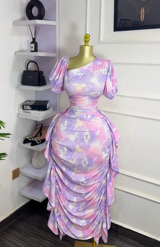 Women Tie Dye Printed Skew Neck Ruched Stacked Bodycon Midi Maxi Long Dress Vacation Holiday Sexy Vestidos Dresses