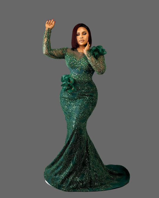 Curvy Size Dark Green Glitter Mermaid Prom Dress Lace