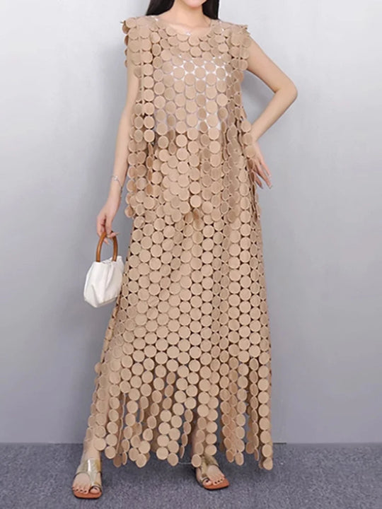 Khaki Hollow Out Tassels T-shirt Half-body Skirt Two Pieces Suit New Round Neck Women Fashion Spring Summer