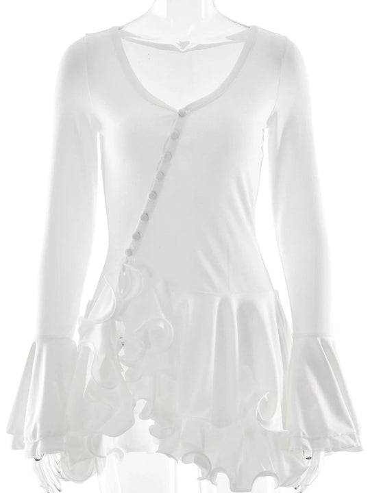 Flare Sleeve Ruffle Sexy V Neck Mini Dress Women Robe Irregular Single-breasted High Waist Slim A-line Club Dress