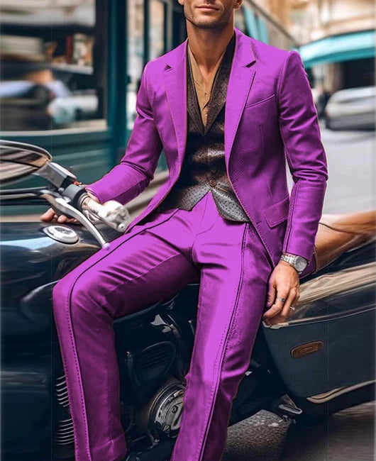 Casual Men's Blazer and Pants 2 Piece Set Lapel Long Sleeve PU Leather Jacket Men Business Casual Prom Suit Motorcycle Style