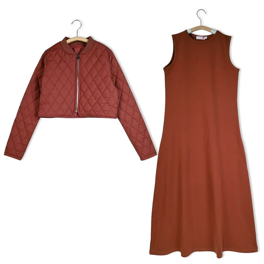 Women cardigan and sleeveless maxi dress outfit casual french terry