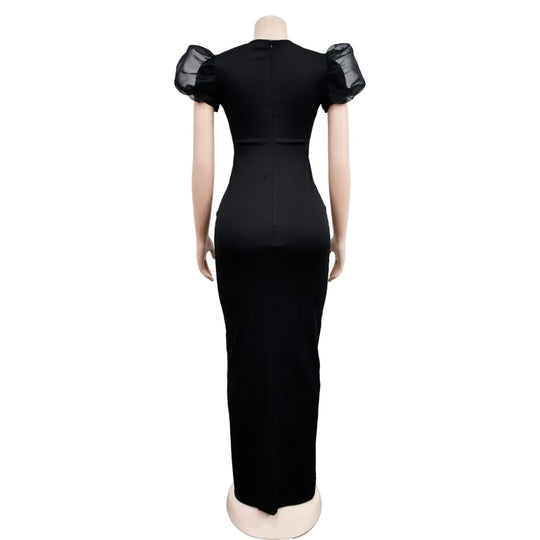 Summer Fashion Bubble Sleeve Diamond Evening Dress African Fashion Women High Street V-neck Slim Split Wedding Party Dress Women