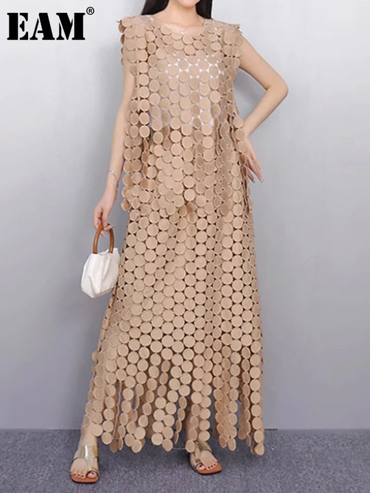 Khaki Hollow Out Tassels T-shirt Half-body Skirt Two Pieces Suit New Round Neck Women Fashion Spring Summer