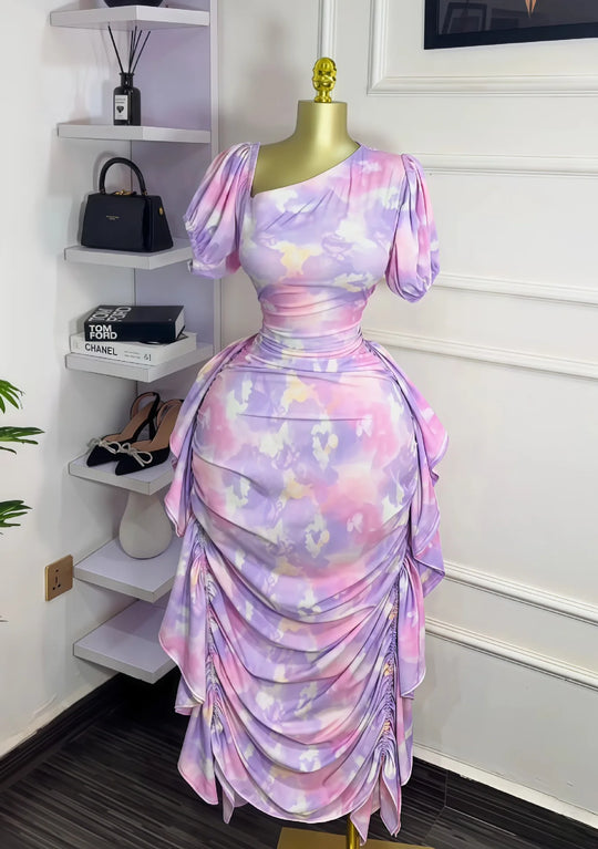 Women Tie Dye Printed Skew Neck Ruched Stacked Bodycon Midi Maxi Long Dress Vacation Holiday Sexy Vestidos Dresses