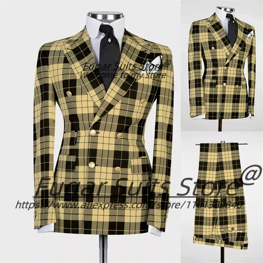 British Plaid Men Suits Slim Fit Double Breasted Groom Wedding Tuxedos 2 Pieces Sets Elegant Male Blazers Ropa Hombre