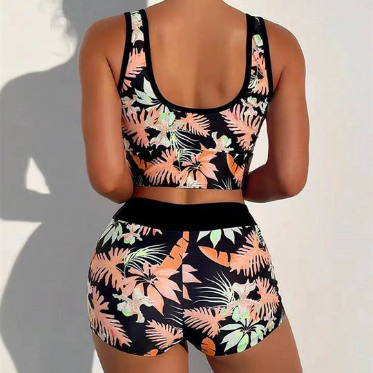 Women High Waisted Print Bikini Wide Shoulder Straps Border High Waist
