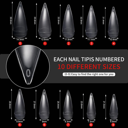 600Pcs Curved Eagle Hook Shape Fake Nail Tips 10 Size Half Cover Acrylic False Nails Clear Natural Long Sharp Stiletto Nail Tips