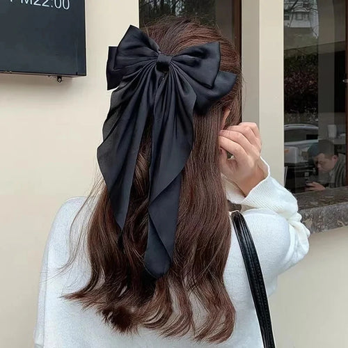 Women Bow Ribbon Hair Clip Fashion Simple Solid Satin Spring Clip Hair