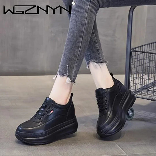 2024 Designer Platform Wedge Female Women 8CM Heels Sneakers Chunky Spring Autumn Shoes Women Genuine Leather Casual Black Shoes