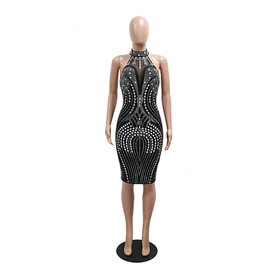 Backless Dress Sexy Wrap Buttocks Vestidos Women Party Dresses Sheath Slim Fit Spliced Summer Diamonds Knee Length