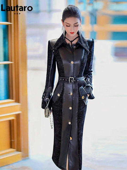 Spring Autumn Long Luxury Elegant Fitted Patchwork Pu Leather Trench Coat for Women Single Breasted Runway Fashion