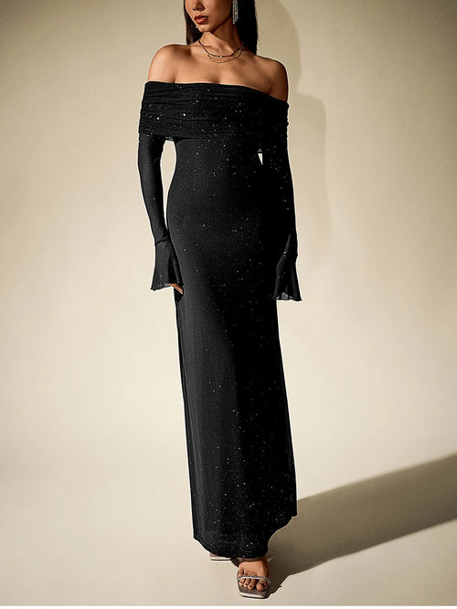 NewAsia Women's Bell Sleeve Off Shoulder Sequin Long Dress Backless