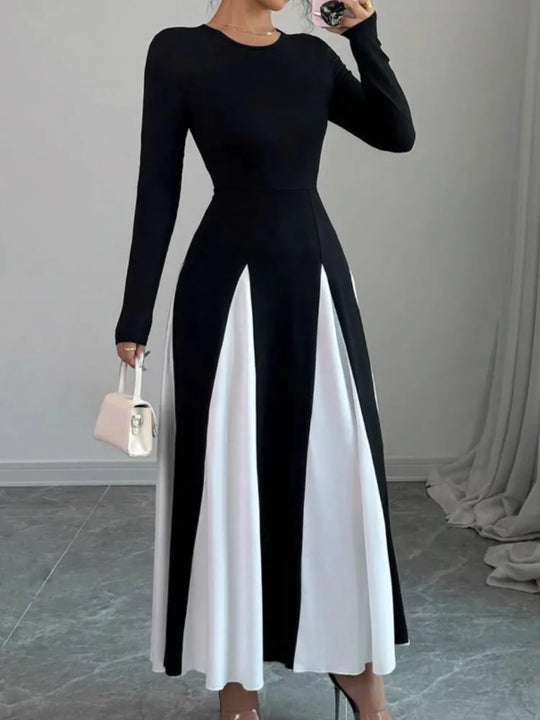 Spring & Autumn Women's Long Sleeve Round Neck A Line Contrast Color Dress, Stylish Black & White Patchwork Long Dress