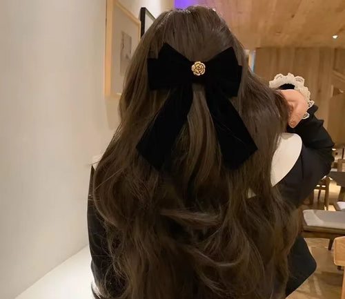 New Black Velvet Bow Hair Pins Elegant Fabric Alloy Roses Hair Clips