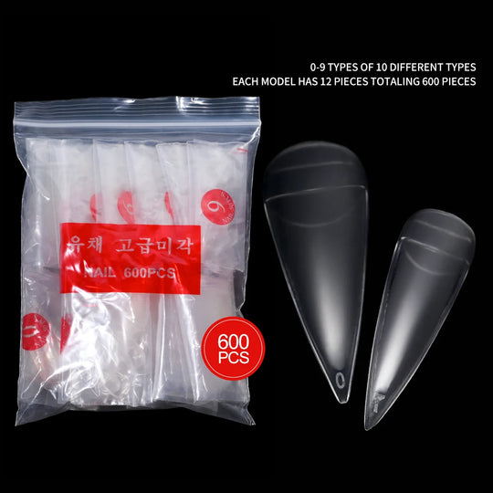 600Pcs Curved Eagle Hook Shape Fake Nail Tips 10 Size Half Cover Acrylic False Nails Clear Natural Long Sharp Stiletto Nail Tips