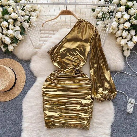 Women Chic Puff Long Sleeve Diagonal Collar Asymmetric Sexy Slim