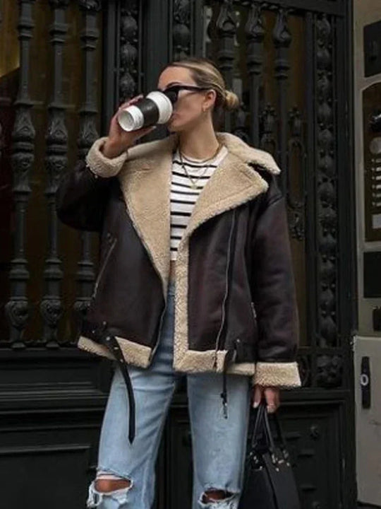 Suninheart Fashion Winter Warm Faux Fur Jacket Women Long Sleeve Moto