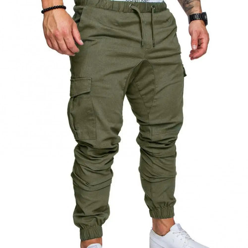Men Skinny Cargo Pants Solid Color Pockets Drawstring Ankle Tied