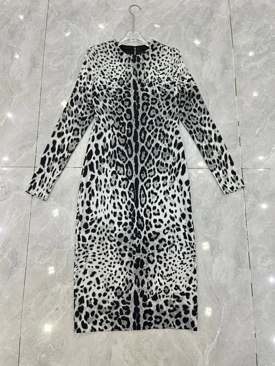 Elegant Women's Party Dress 100% Silk | Luxury Designer Black Leopard Print Midi | Evening Cocktail Gown
