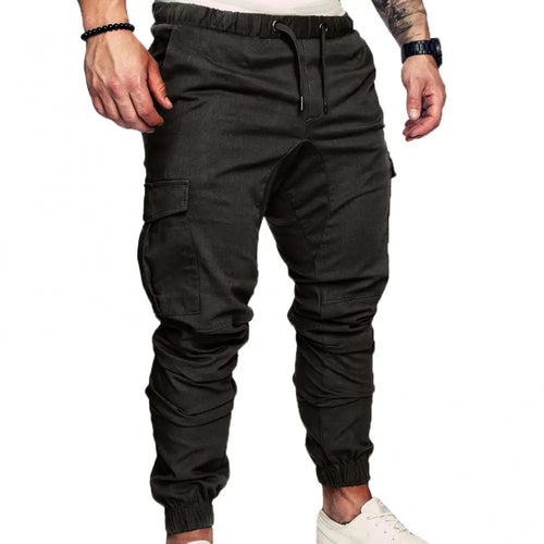 Men Skinny Cargo Pants Solid Color Pockets Drawstring Ankle Tied