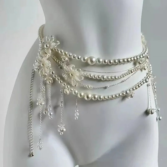 Designer Red belt Jewelry Multilayer Pearl waist chain for Women's Fashion Retro Character Playing Body Accessories Party Belts