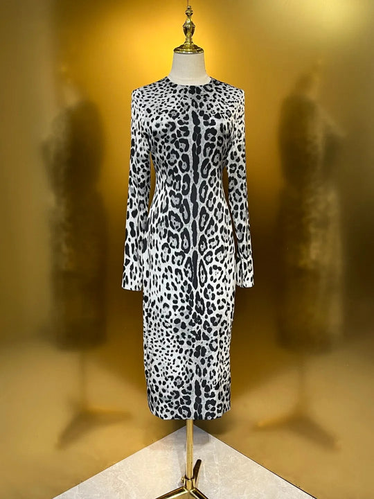 Elegant Women's Party Dress 100% Silk | Luxury Designer Black Leopard Print Midi | Evening Cocktail Gown